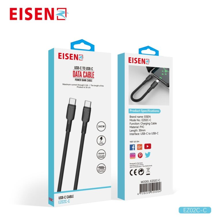 Eisenz 30CM USB Type-C To USB Type-C Cable Black - EZ02C-C