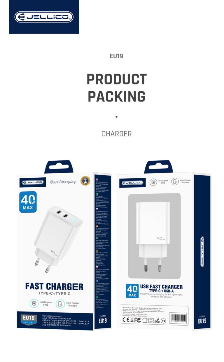 Jellico 40W 2 Port USB C To C Fast Charger Adapter EU19