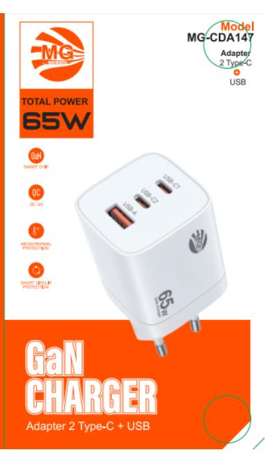 MG – Adapter With Cable – 30W Adapter  Super Fast Charging  White  2 Port Type C 1 Port USB CDA147
