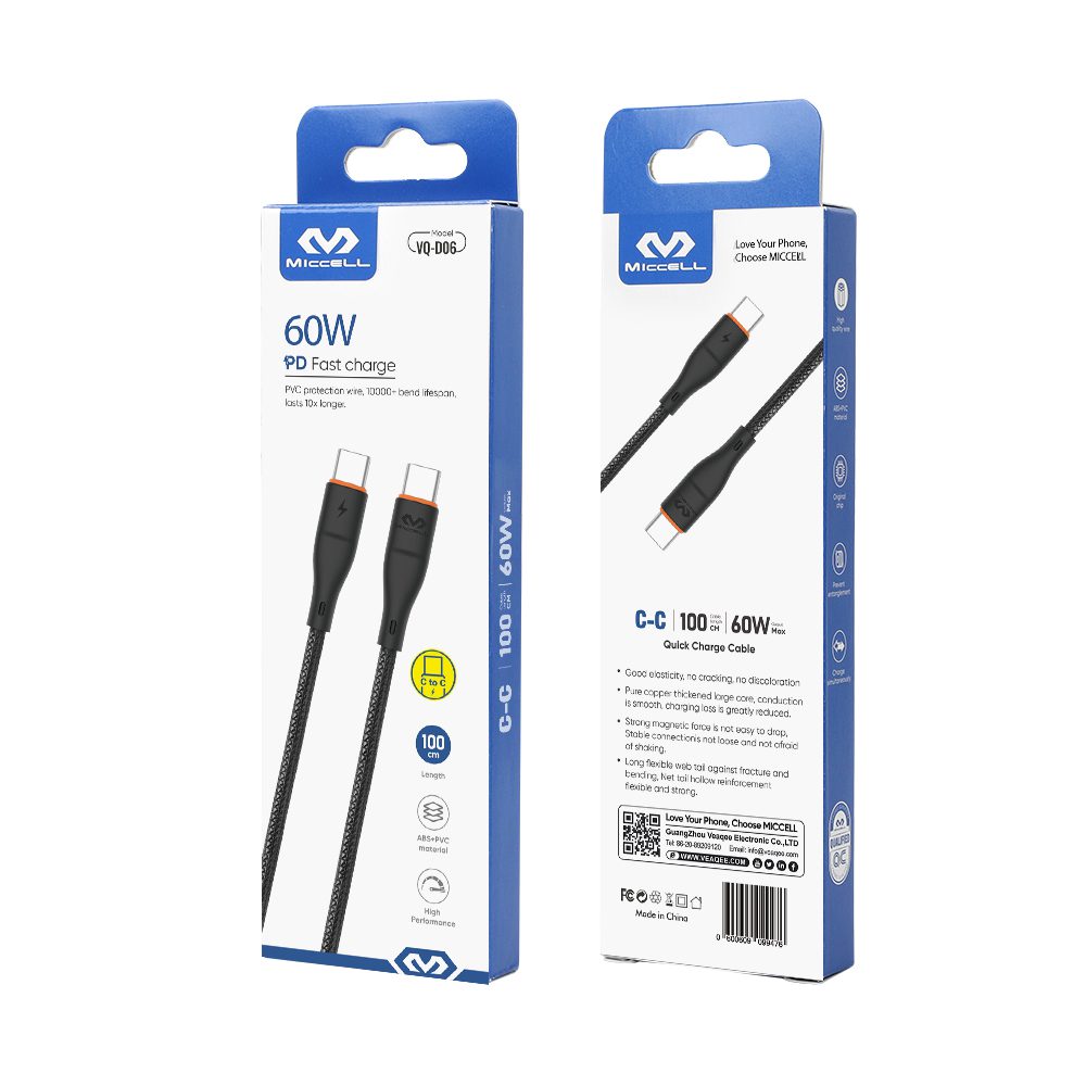 Miccell Type C to Type C 60W Fast Charge 1M VQ-D06 Miccell Type C to Type C 60W Fast Charge 1M VQ-D06