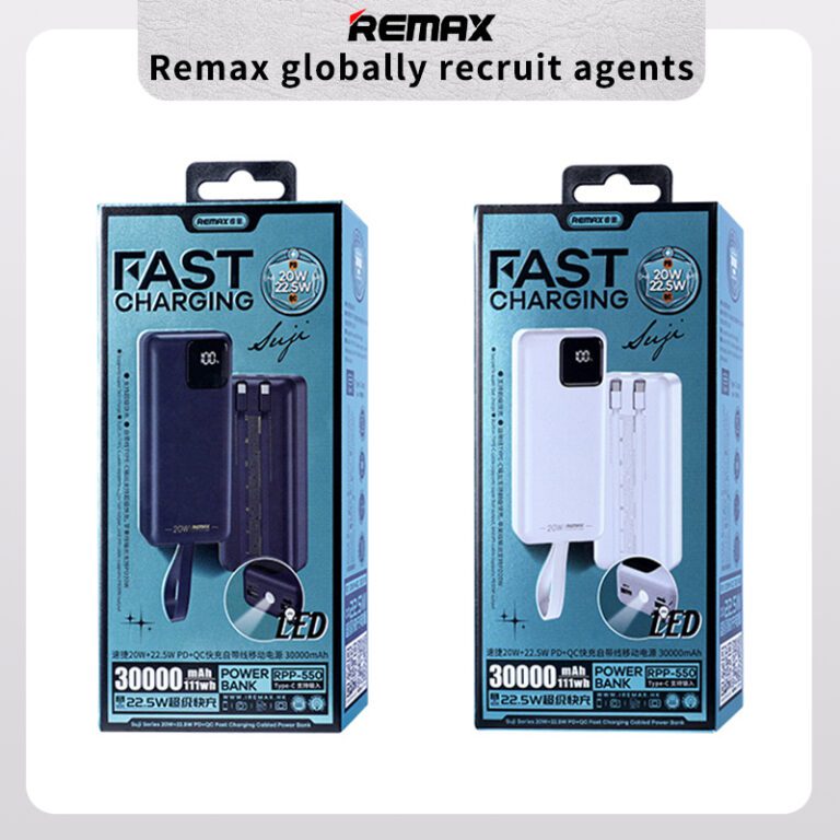 REMAX Suji Series PD 20W+QC 22.5W  Fast Charging Cabled Power Bank 30000mAh  RPP-550 Blue