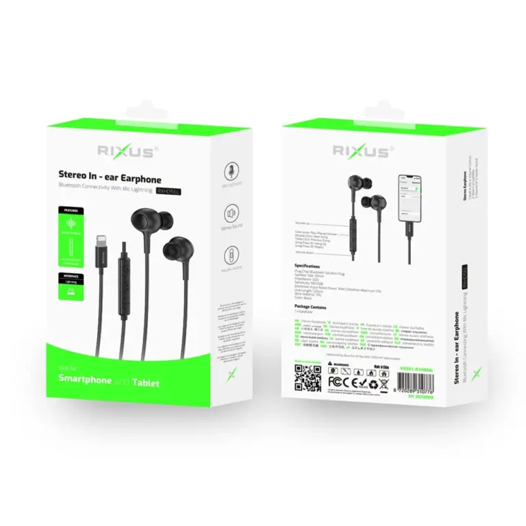 Rixus Lightning Wired Earbud Type Headphone With Microphone RXHD56L - Black